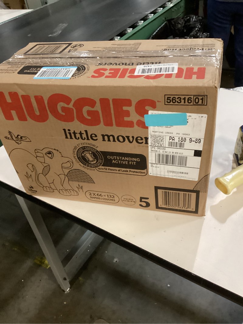 Condition photo showing New/Like New for Huggies Size 5 Diapers, Little Movers Baby Diapers, Size 5 (27+ lbs), 132 Count (2 Packs of 66), Packaging May Vary Size 5 132