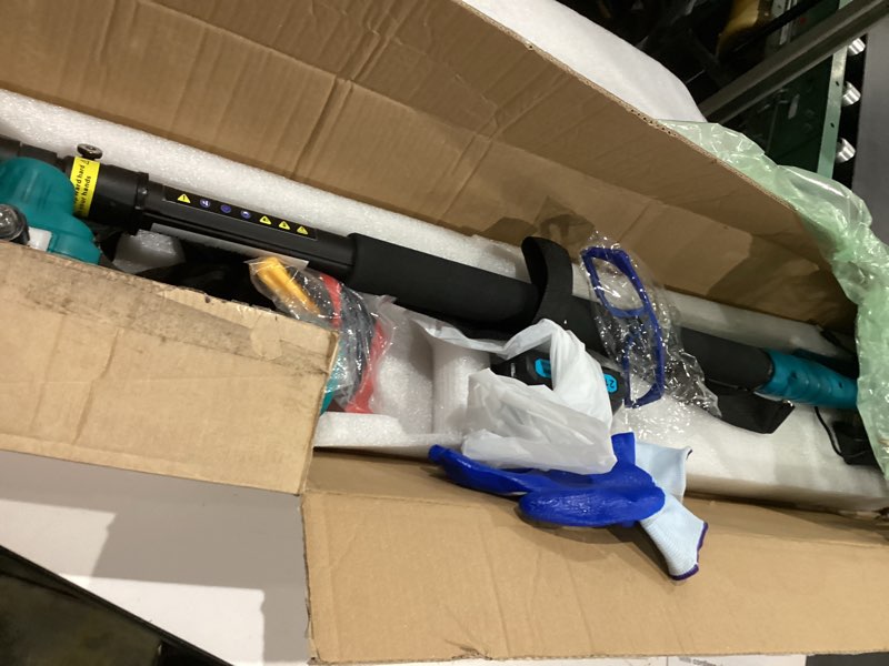 Condition photo showing As Is for cordless 2-in-1 pole saw & 8\" mini chainsaw,brushless 1200w motor,2x21v 4.0ah batteries, 4-9ft extension pole with 0-180° adjustable head,auto oiling,max 16ft reach for tree or branches tree trimming blue