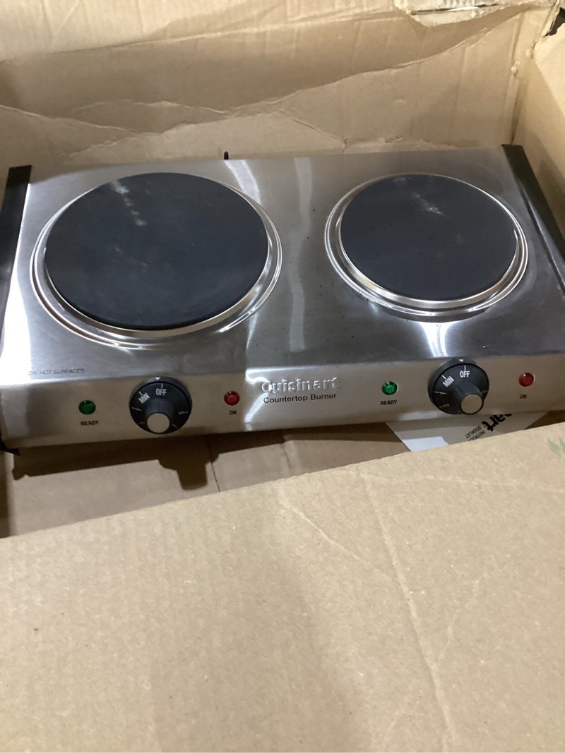 Condition photo showing As Is for *not tested used * Cuisinart CB-60P1 Countertop Double Burner, Stainless Steel/Black Cuisinart Cast-Iron Double Burner