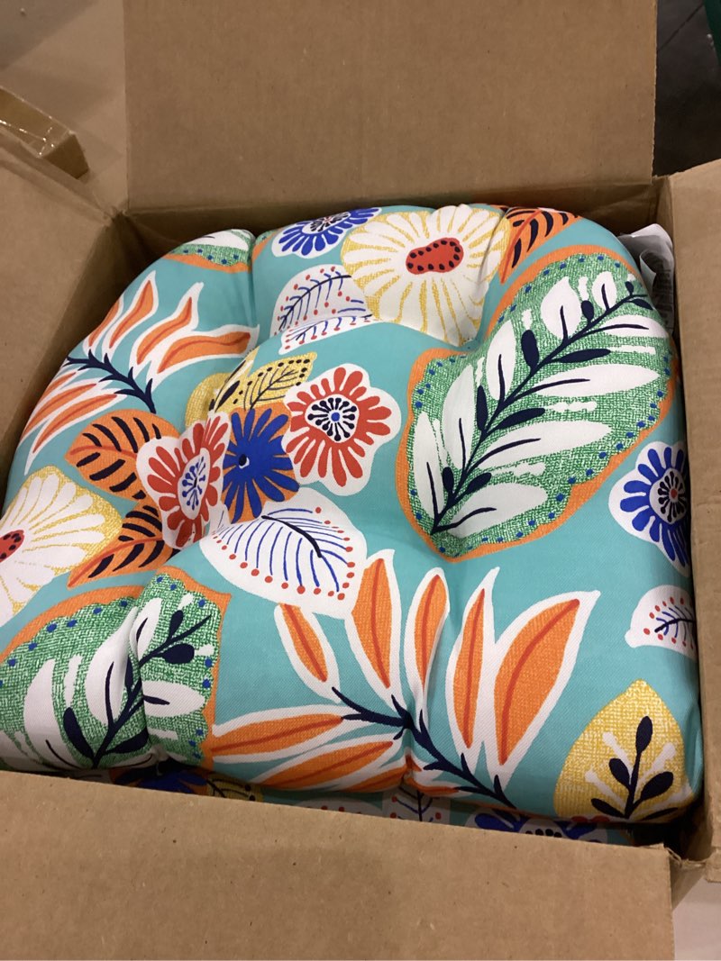 Pillow Perfect Bright Floral Indoor/Outdoor Chairpad with Ties Reversible, Tufted, Weather, and Fade