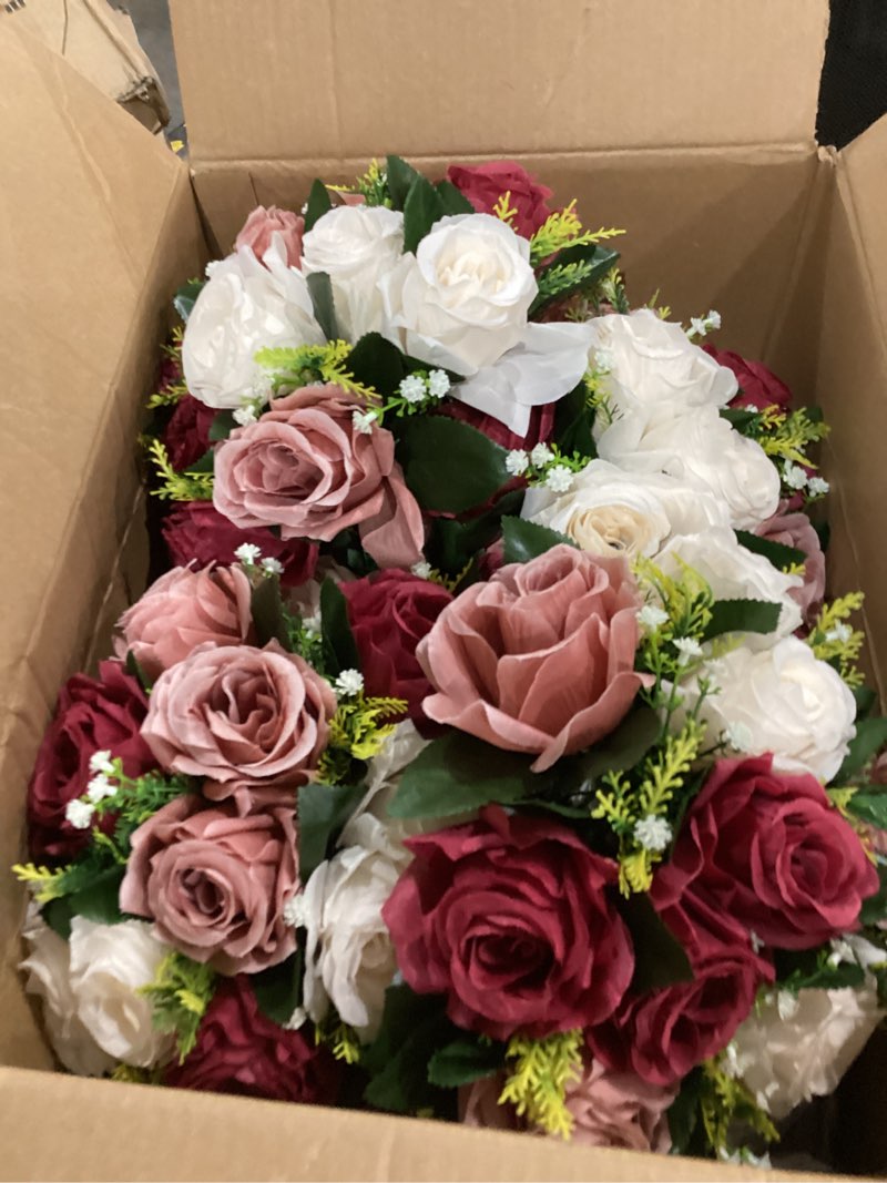 Condition photo showing As Is for NUPTIO Artificial Flower Centrepieces for Tables - 10 Pcs Burgundy & Dusty Rose & Creamy White Fake Flowers Roses Balls 9.5in Diam - Silk Faux Rose Arrangement for Wedding Party Table Decor