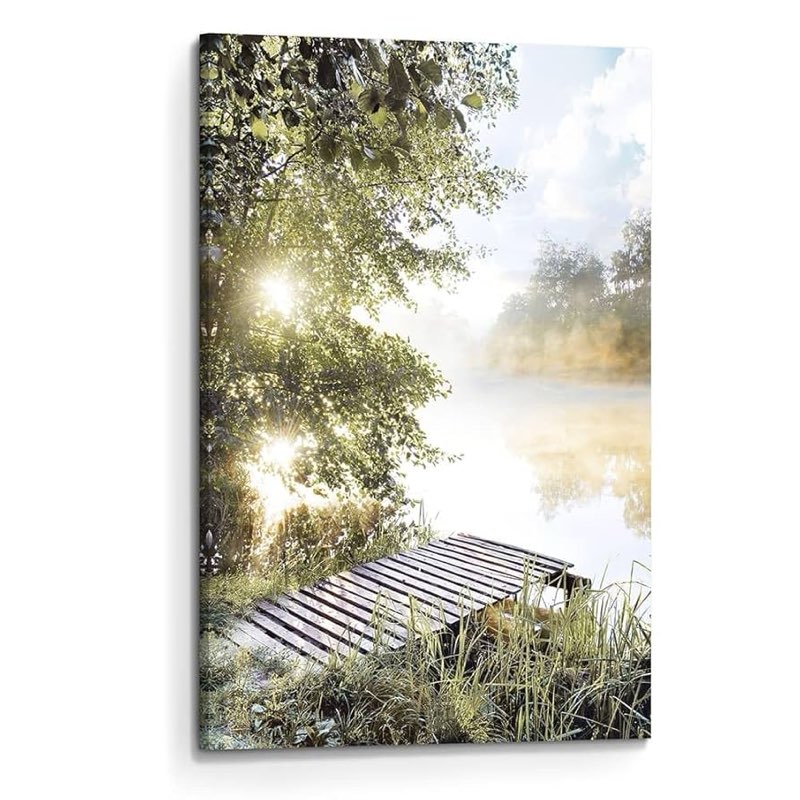 arttitue lake landscape canvas wall art: sunrise nature scenery picture vertical pier painting print 16 x 23”