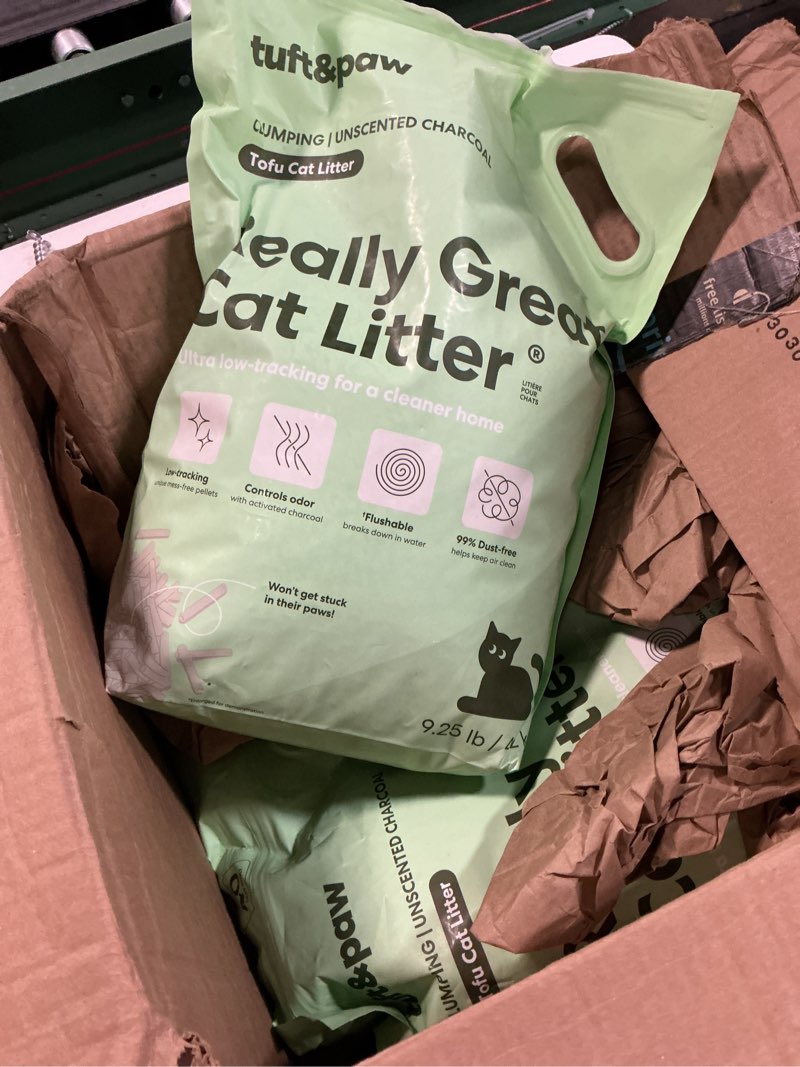 Condition photo showing Good Condition for tuft & paw really great cat litter, ultra low tracking tofu cat litter, clumping, flushable, odor control, dust-free, unscented - 9.25lbs x 2bags (charcoal) unscented charcoal