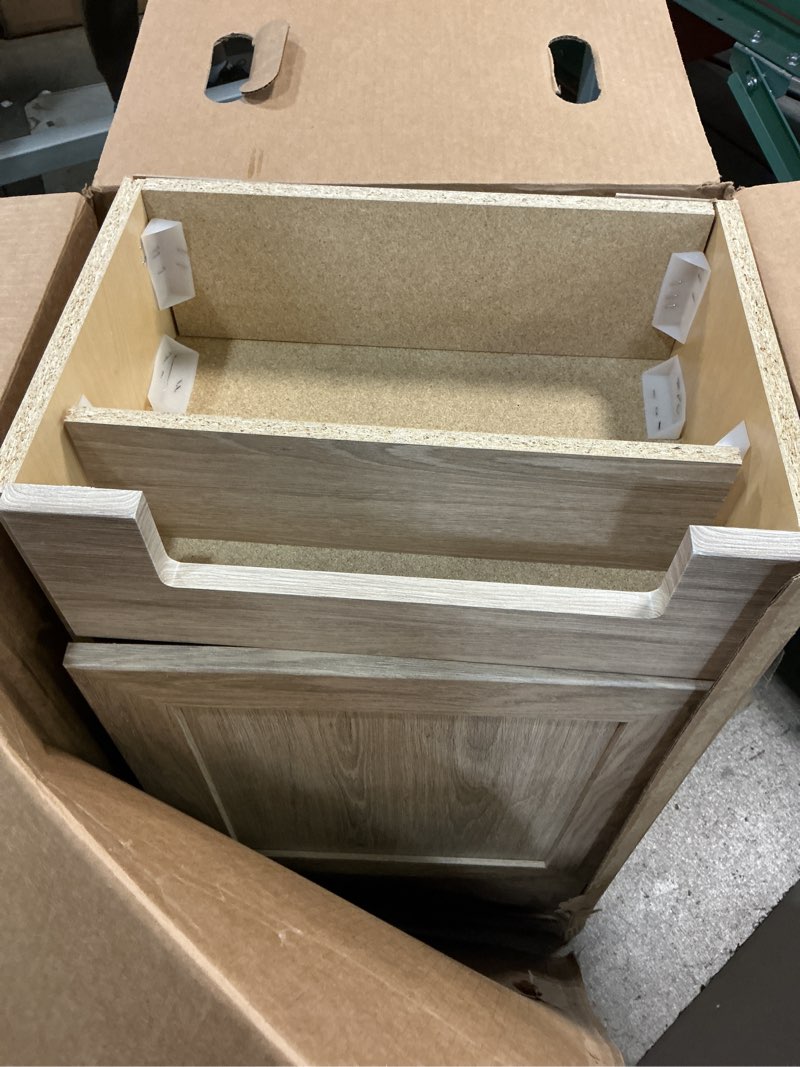 Condition photo showing As Is for Project Source Vanity side cabinet for extra storage in Sandstone finish
