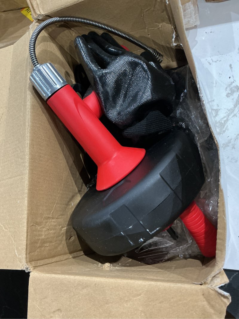 Condition photo showing As Is for xjx drain auger, plumbing snake with drill adapter, 25ft flexible steel drain clog remover, manual o