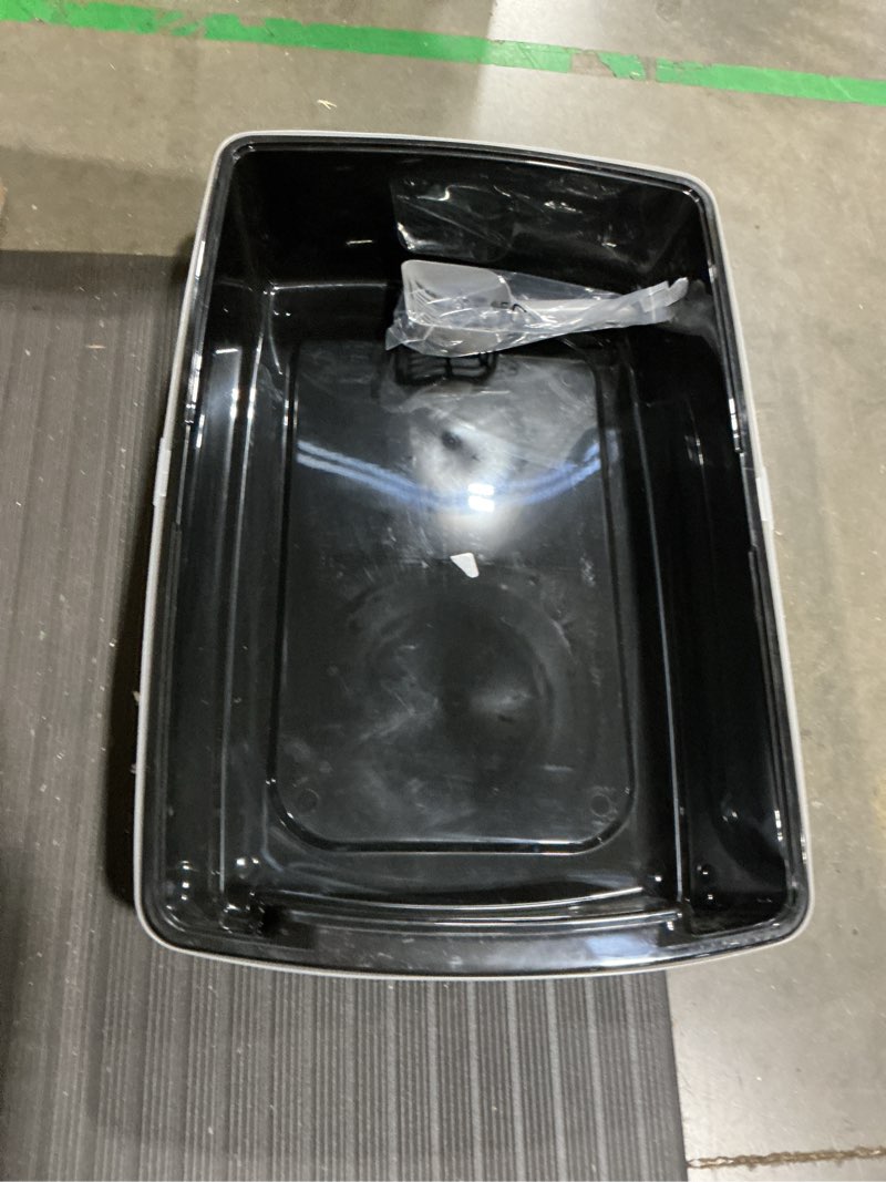 Condition photo showing As Is for iris usa cat litter box xx-large open top with high sided walls tall scatter shield scoop included easy clean plastic pan for big cats kittens multi-cat households 30"l x 20"w x 14"h black xxl black