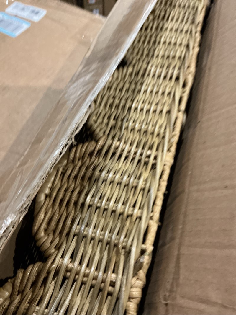 Condition photo showing As Is for happimess try1000a scalloped 21.5" southwestern cottage hand-woven rattan tray with handles for storage,decoration, display, coffee table or serving food, natural