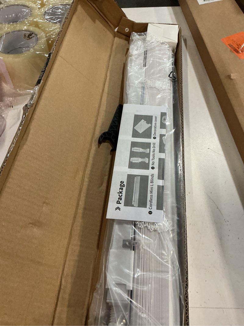 Condition photo showing New/Like New for no tools no drill cordless mini blinds 21" wx 36" h, 1" l-shaped blades, horizontal vinyl blinds for indoor windows, white 21x36in