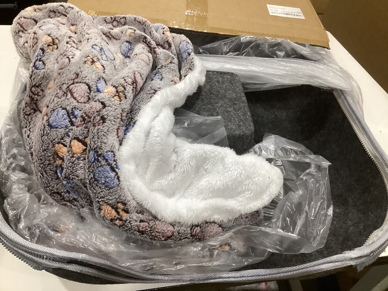 Condition photo showing Good Condition for ringtail peekaboo cat cave donut for multiple & large cats up to 30-45 lb, 3-in-1 self warming cat bed tunnel with 2 soft fluffy fleece pet blankets, scratch, detachable & washable (dark gray, large)
