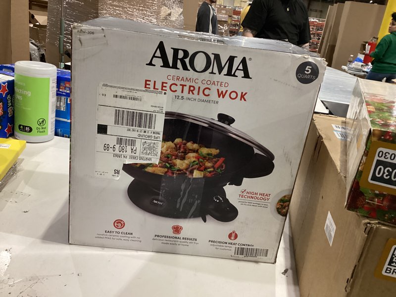 Condition photo showing New/Like New for Aroma Housewares AEW-306 Electric Wok with Tempered Glass Lid Easy Clean Nonstick, Cooking Chopsticks, Tempura and Steaming Racks, Professional Model, Black