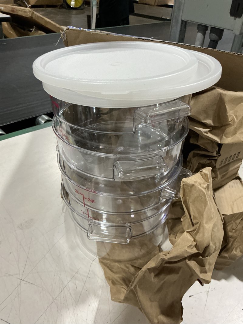 Condition photo showing As Is for 4pcs 2 qt round food storage container with lid, clear dough proofing bucket with scale, freezer & dishwasher safe, bpa-free, dough bucket for pizza bread kitchen organization, non-stick