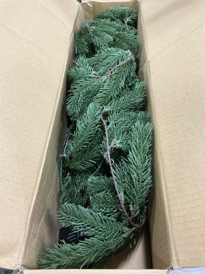 Condition photo showing Good Condition for 9ft pre-lit christmas garland, artificial lighted norfolk pine garland with multi-color lights, battery operated garland for mantle stairs table fireplace xmas decorations