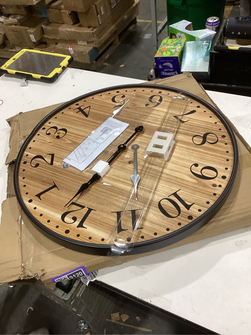 Condition photo showing New/Like New for Rustic Farmhouse Wall Clocks for Living Room Decor, Large 24 inch Wall Clock with Dark Brown Wooden Face and Black Metal Frame, Silent Battery Operated for Kitchen Bedroom Entryway