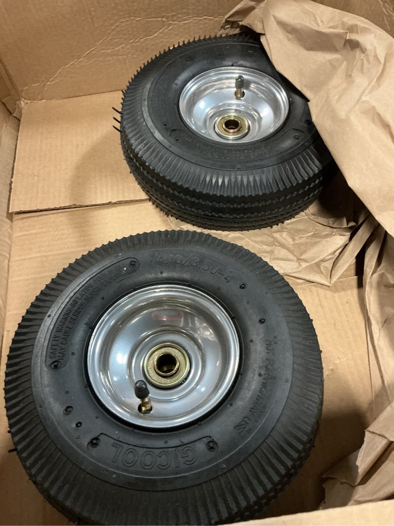 Condition photo showing As Is for gicool 10" tire and wheel, 2 pack, 4.10/3.50-4 pneumatic tire, with 2.25" offset hub, 5/8" axle bore hole, sealed bearings for hand truck trolley dolly garden wagon wheel replacement silver