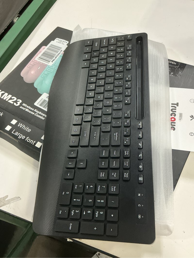 Condition photo showing Good Condition for wireless keyboard and mouse combo - full-sized ergonomic keyboard with wrist rest, phone holder, sleep mode, silent 2.4ghz cordless keyboard mouse combo for computer, laptop, pc, mac, windows -trueque 1 pack black