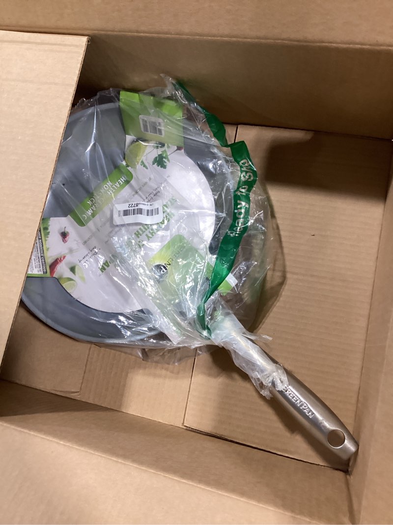 Condition photo showing As Is for greenpan lima hard anodized 10" frying pan skillet, wood spatula, ceramic nonstick, pfas-free nontoxic pots and pans, oven & broiler safe, stainless steel handle, cookware for eggs & omelet, gray