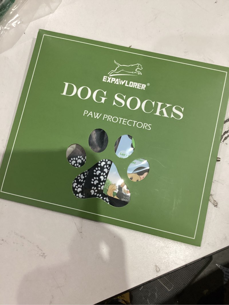 Condition photo showing New/Like New for expawlorer anti slip dog socks to prevent licking paws, dog shoes for hot pavement, dog booties for small medium large senior dogs, traction control boots & paw protectors for hardwood floors small (4 count) black and white