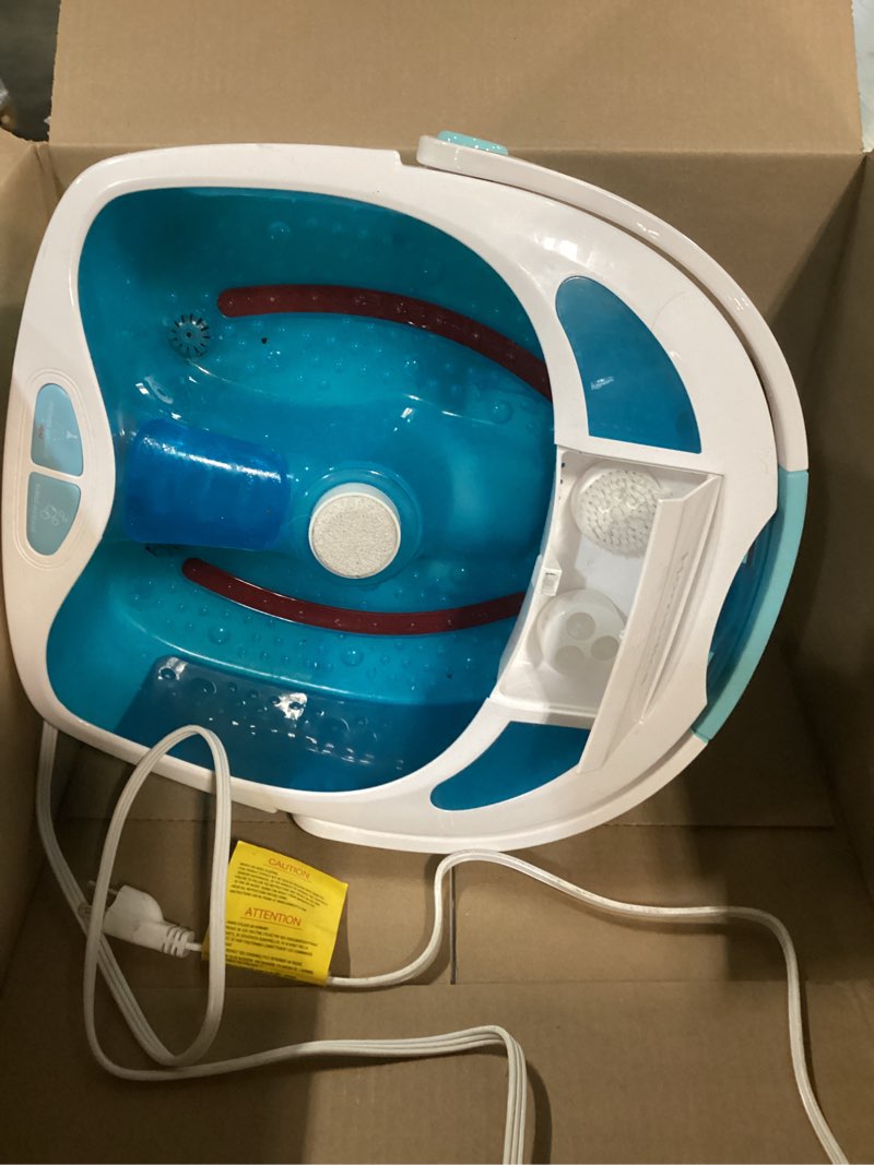 Condition photo showing As Is for homedics shower bliss foot spa, shower massage water jets, pedicure center with 3 attachments, toe-touch control, fb-625h