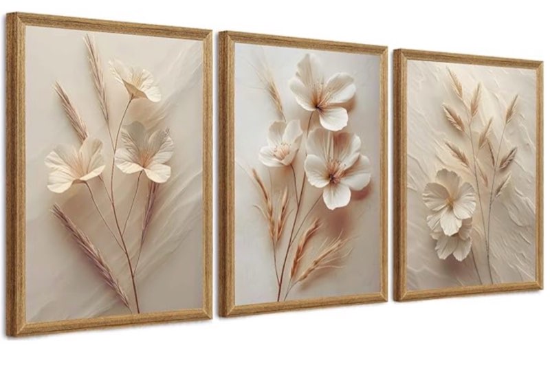 fyldpsb 3pcs framed neutral beige floral canvas wall art, modern simple texture plant painting wall 