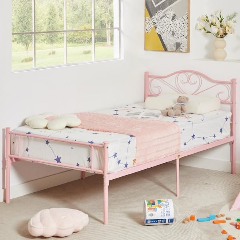 VECELO Twin Bed Frame, Pink Platform Bed No Box Spring Needed