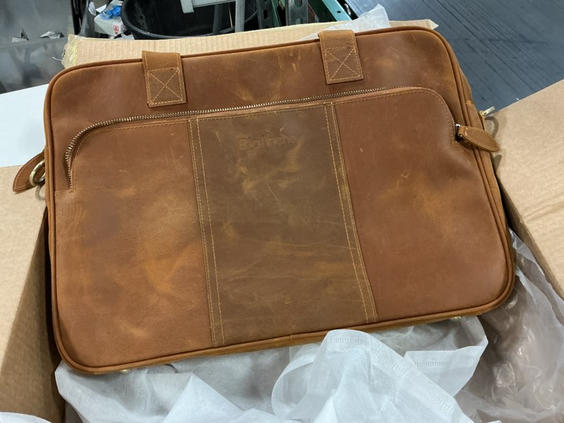 Condition photo showing As Is for Blofinche Genuine Leather laptop briefcase mens 18 inch Computer Messenger shouledr work Satchel bags Dark Brown