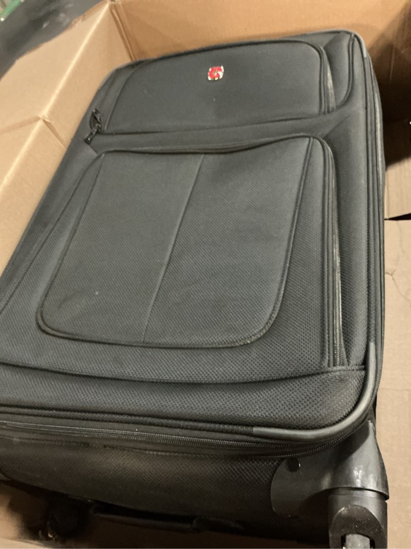 Condition photo showing As Is for swissgear sion softside expandable spinner luggage durable lightweight travel suitcase, dark grey, checked-large 29-inch checked-large 29-inch dark grey