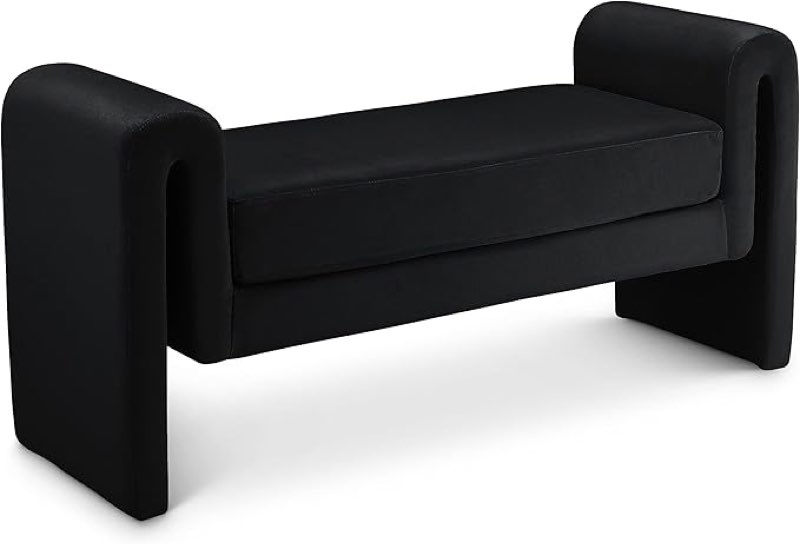 Meridian Furniture 181Black Stylus Collection Modern | Contemporary Velvet Upholstered Bench with Soft Black Velvet and Curved Arms, 51" W x 17" D x 24.5" H, Black