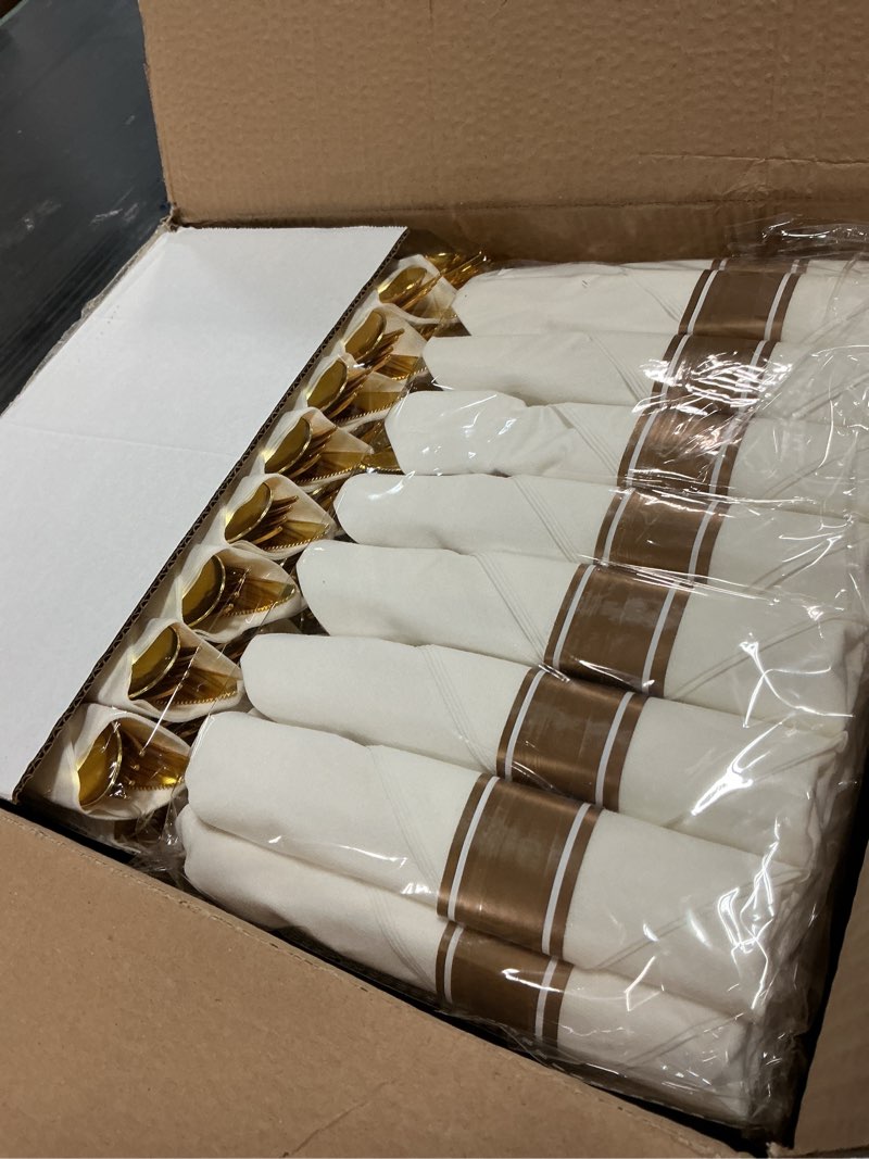 Condition photo showing New/Like New for 200guests pre rolled gold plastic silverware sets - heavy duty gold cutlery - include 200 pack wrapped disposable utensils with napkins for parties & dinners & weddings 200pack - gold