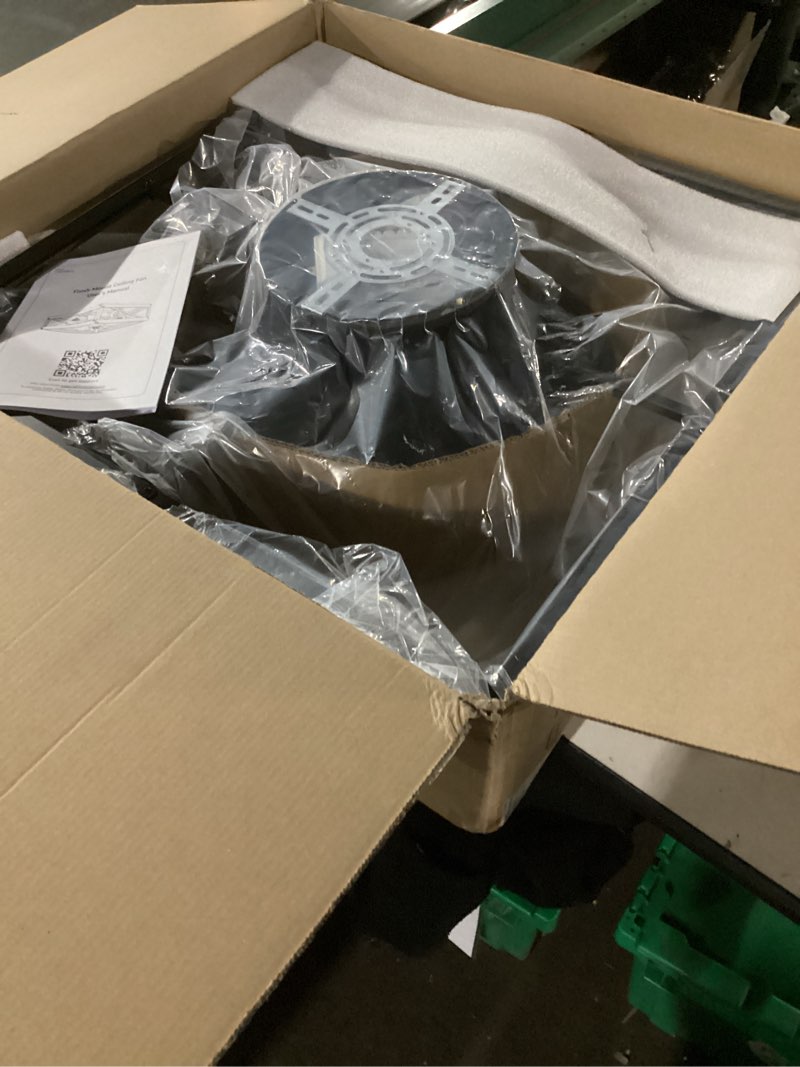 Condition photo showing New/Like New for LEDIARY 23” Caged Low Profile Ceiling Fans with Lights and Remote, Rustic Square Flush Mount Ceiling Fan, 6 Speed and Reversible, Small Farmhouse Bladeless Ceiling Fan for Bedroom, Kitchen,Dining Room Wood Grain 23 Inch