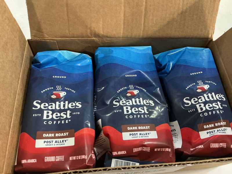 Condition photo showing Good Condition for (Best by 05 mar 2026)Seattle’s Best Coffee, Dark Roast Ground Coffee, Post Alley, 100% Arabica, 3 Bags (12 oz Each) Post Alley Blend 12 Ounce (Pack of 3)