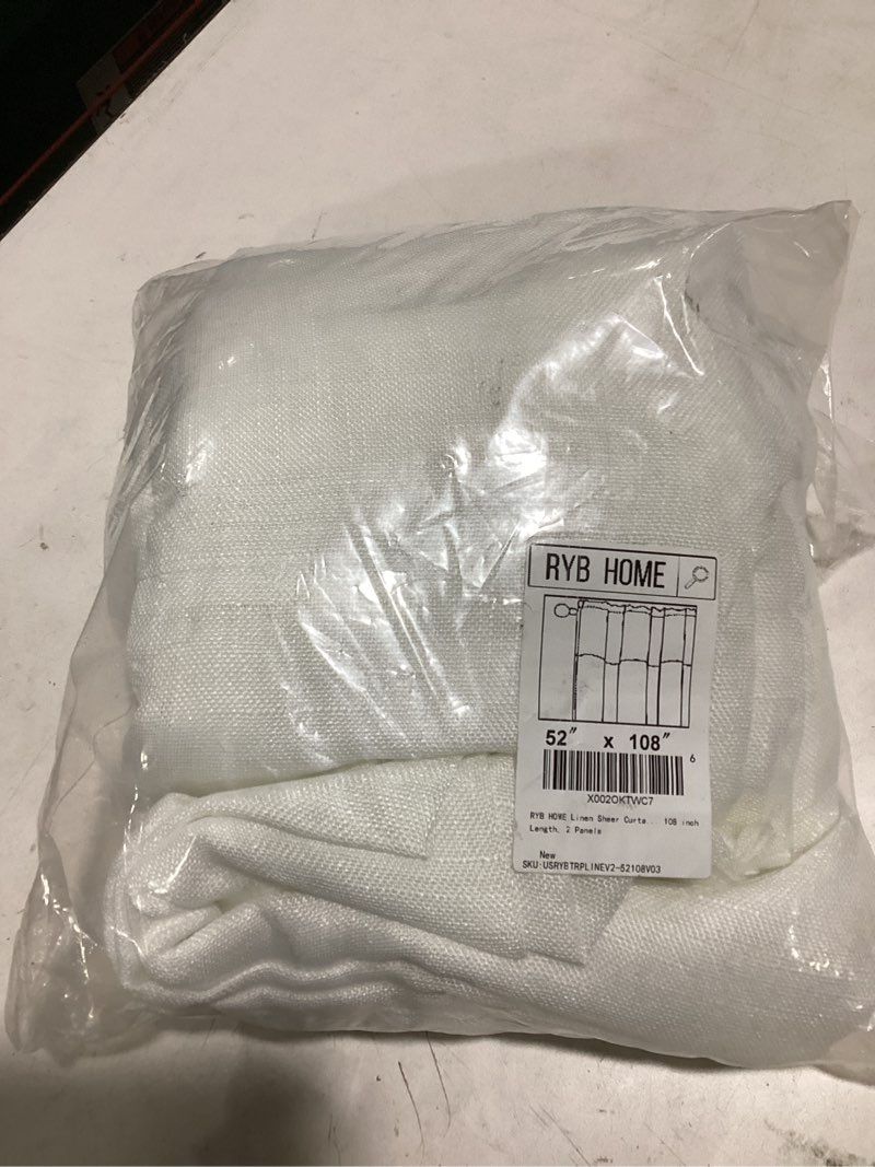 Condition photo showing As Is for ryb home linen sheer curtains for living room textured semi sheer curtains large window treatment for bedroom patio door, white, 52 inch width x 108 inch length, 2 panels white 52"w x 108"l (pack of 2)