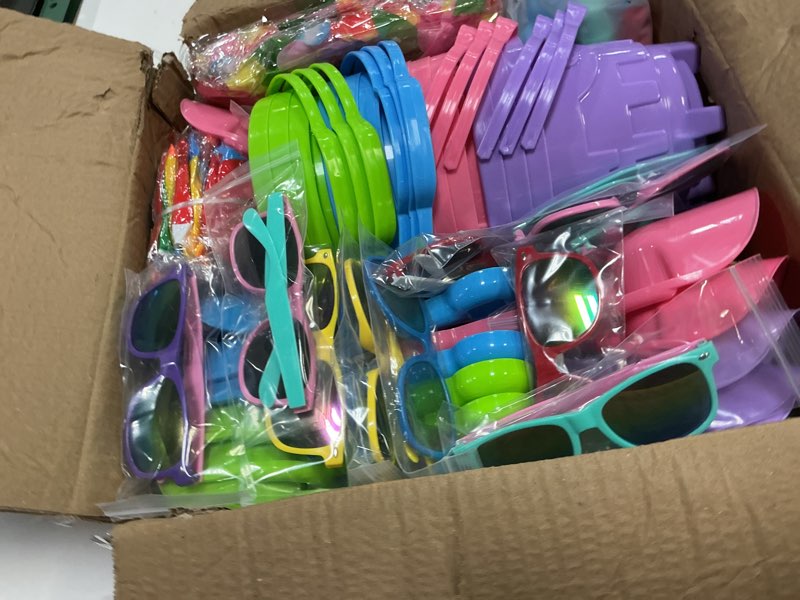 Condition photo showing New/Like New for 244 pcs pool beach party favors pool toys for kids including beach buckets with shovels beach balls sunglasses mini water squirts bubble wands stamps leis stickers small toys for summer party gift bucket styles