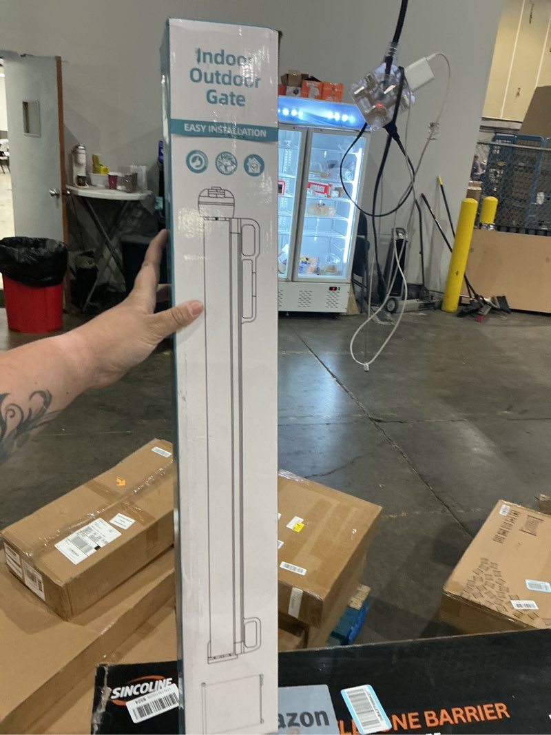 Condition photo showing New/Like New for retractable baby gates for doorways, 58" extra wide mesh child dog gate for stairs, 34" tall toddler pet gate indoor and outdoor, easy install, essential for home safety, black