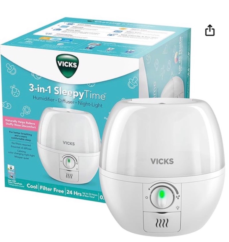 vicks humidifier 3-in-1 sleepytime cool mist humidifier for baby & kids rooms with color changing night light and essential oil diffuser, white