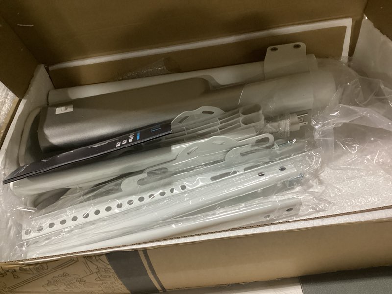 Condition photo showing As Is for universal tv stand tabletop tv mount with power outlet for 50-90 inch oled led monitors, 9 levels height adjustment, ambient lighting on the bottom holds up to 150lbs, white max vesa 600x400mm