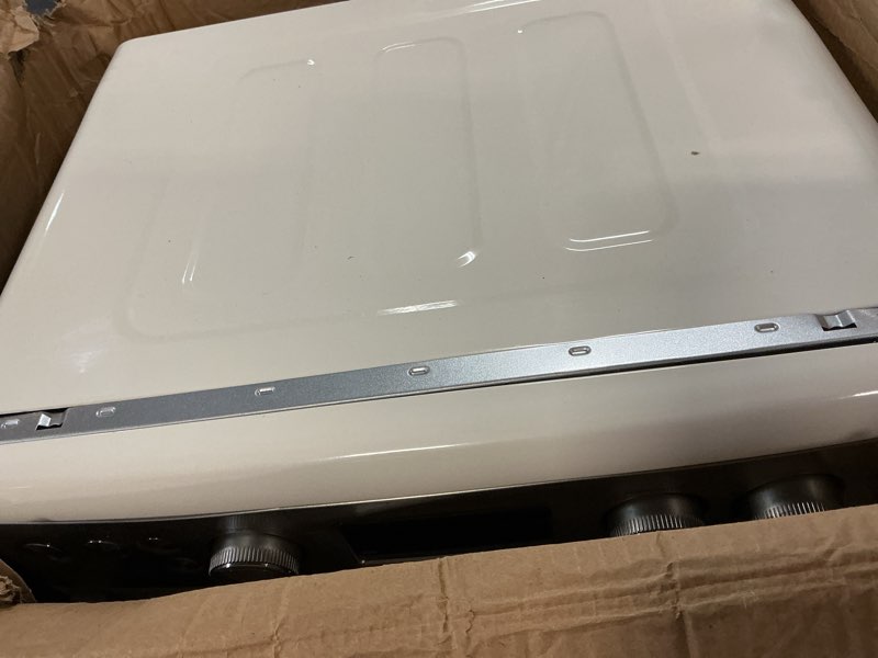 Condition photo showing As Is for greenpan 13-in-1 elite countertop convection oven & air fryer, pfas-free ceramic tray & pizza pan, adjustable racks, multifunction presets, toaster, bake, broil, roast, proof, dehydrate, cloud cream elite air fry oven cloud cream