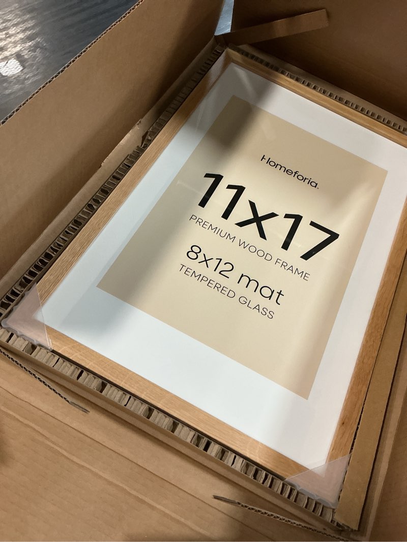 Condition photo showing Good Condition for homeforia 11x17 wood frame, high end natural oak 11x17 light wooden picture frame with mat 8x12, 11 x 17 poster frames matted to 8 by 12 photo, 17x11 hanging frames, tempered glass, wall kit, set of 1 pack of 1 wood natural oak 11x17
