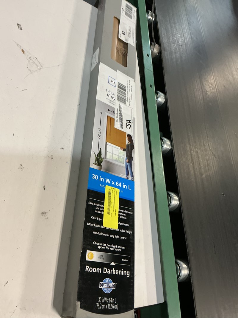 Condition photo showing As Is for mainstays 1" cordless vinyl room darkening mini blinds, khaki, 27"w x 64"l