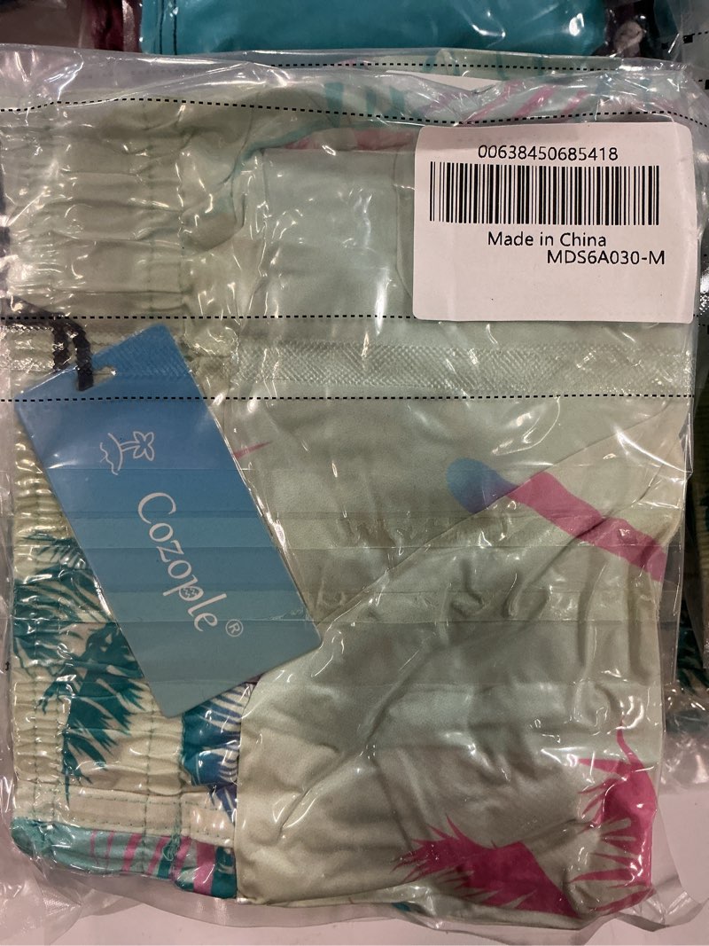 Condition photo showing New/Like New for cozople white w pink blue mens swim trunks with compression liner swimming shorts 7 inch inseam waterproof quick dry beach sport shorts m medium coconut tree pink