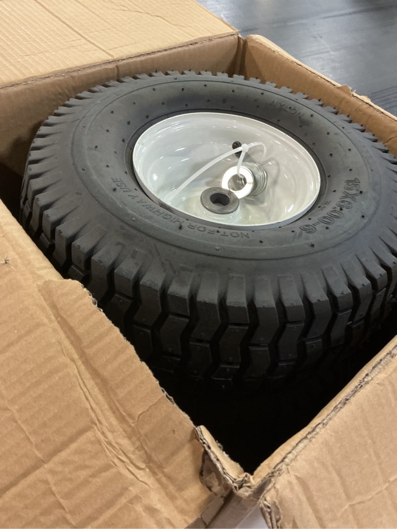 Condition photo showing Good Condition for gicool 15x6.00-6 rubber lawn mower tire and wheel, 2 pcs replacement 15x6-6nhs riding mowers lawn tire and wheel with bearing bore 3/4", 3" centered hub 15x6.00-6"