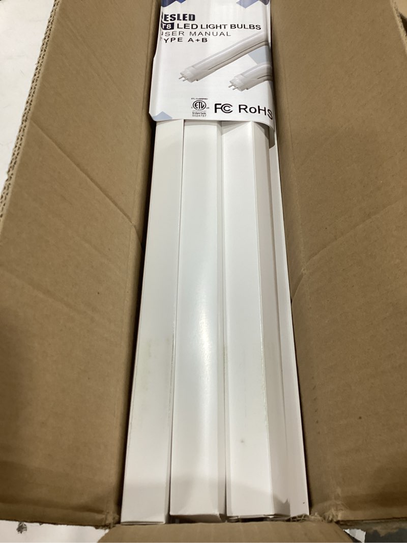 Condition photo showing As Is for jesled 12pack t8 led bulbs 4 foot, 24w 3200lm,6000k, type a+b t10 t12 fluorescent light bulbs, plug and play or ballast bypass, single or double end powered, for office, garage 12 pack