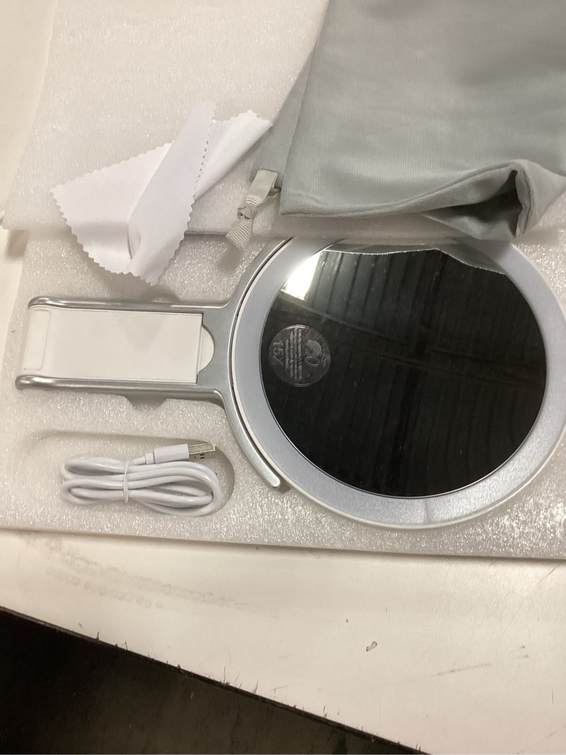 Condition photo showing Good Condition for Travel Makeup Mirror with Lights, 15X/1X Double Sided Travel Magnifying Mirror, Portable Beauty LED Mirror, Valentine's Gifts For Her 3 in 1 Tabletop/Handheld/Hanging, 3 Color Lighting, Dimmable Touch White