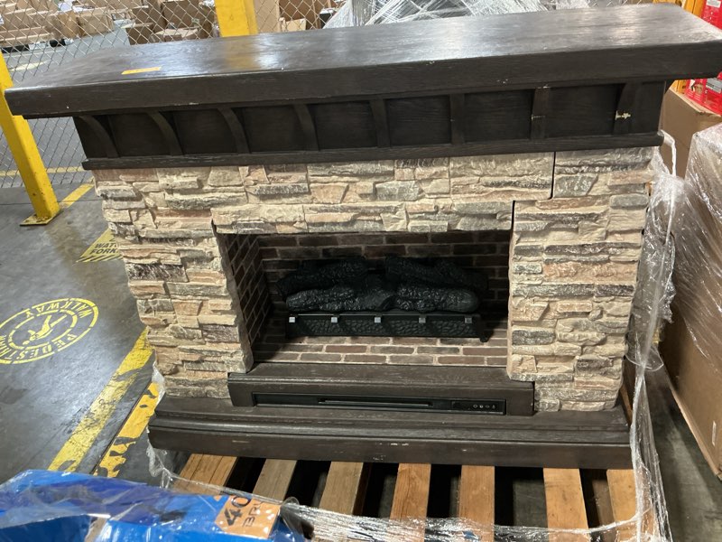 Condition photo showing As Is for allen + roth 53-in w sedona free standing infrared quartz flat wall electric fireplace with remote