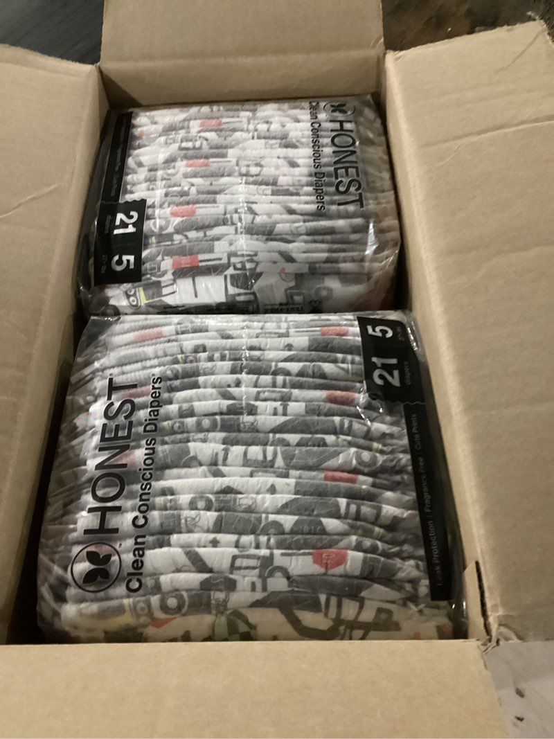 Condition photo showing New/Like New for The Honest Company Comfort Dry Disposable Diapers for Sensitive Skin, Hypoallergenic, Big Trucks + All The Letters, Super Club Box Size 5 (27 lbs), 84 Count Size 5 (84 Count) Big Trucks + All the Letters