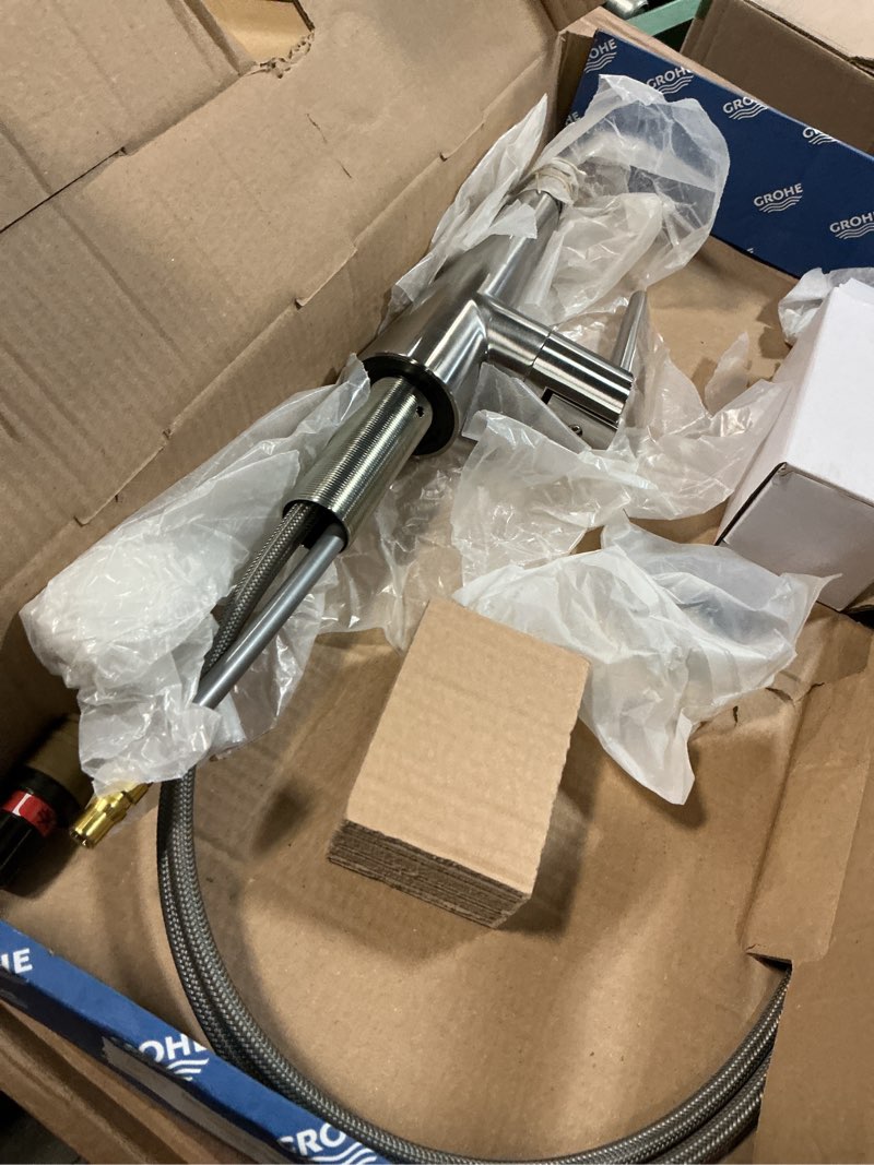 Condition photo showing As Is for grohe 32298dc2 zedra single-handle pull down triple spray kitchen faucet in supersteel supersteel pull-down triple