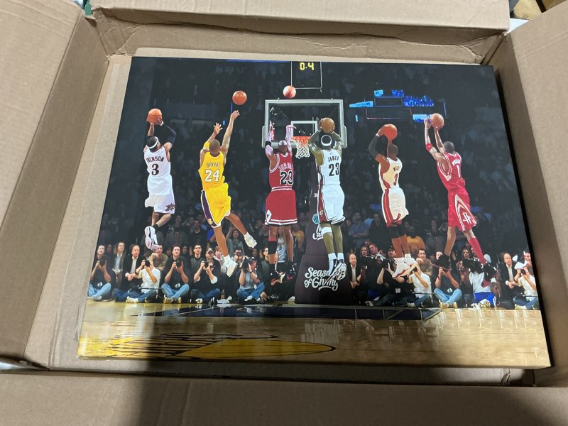 Condition photo showing New/Like New for basketball legends canvas wall art print poster, iconic sports stars shooting inspirational picture, motivational photography wall decor for gym dorm home office living room bedroom, framed 16x20inch iconic nba jump shots 16"l x 20"w