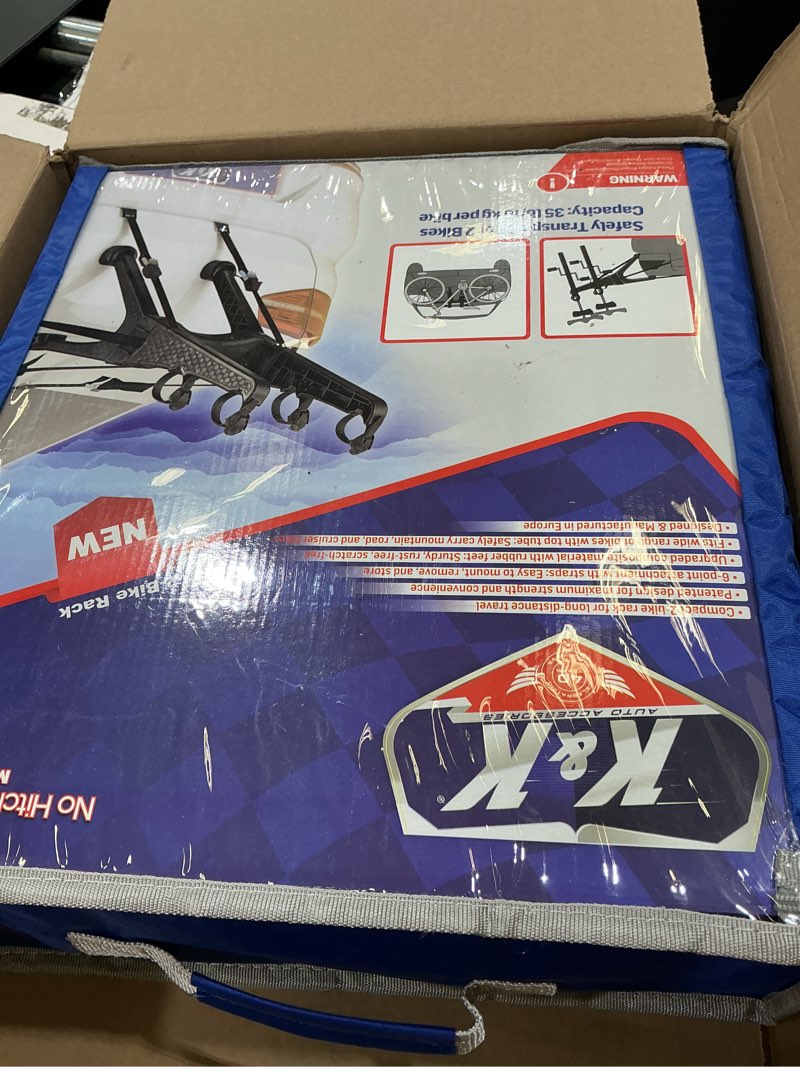 Condition photo showing New/Like New for k&k auto accessories compact 2-bike trunk bike rack premium cross-country trunk-mount bicycle carrier for cars, suv heavy duty rear bike transport tool for professional cyclists