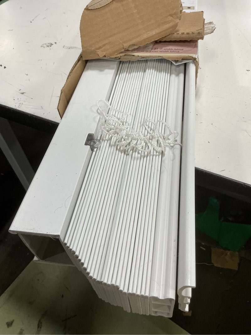 Condition photo showing As Is for allen + roth trim at home 2-in slat width 47-in x 48-in cordless white faux wood room darkening horizontal blinds