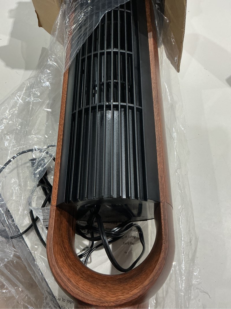 Condition photo showing As Is for better homes & gardens 40'' 5-speed oscillating tower fan with remote control, 3 wind modes, 12h timer, walnut & black