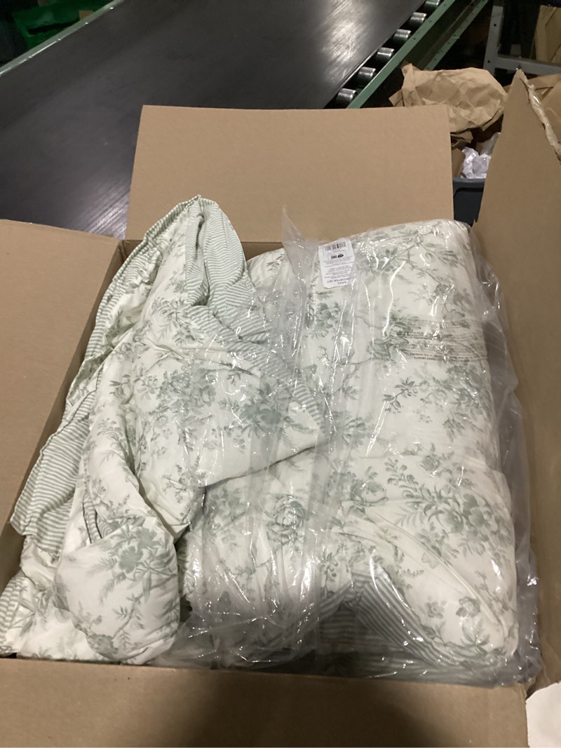 Condition photo showing New/Like New for laura ashley - king comforter set, premium cotton bedding with matching shams & bonus decorative pillow covers, floral home decor, oeko-tex certified (toile delight green, king) king toile delight green